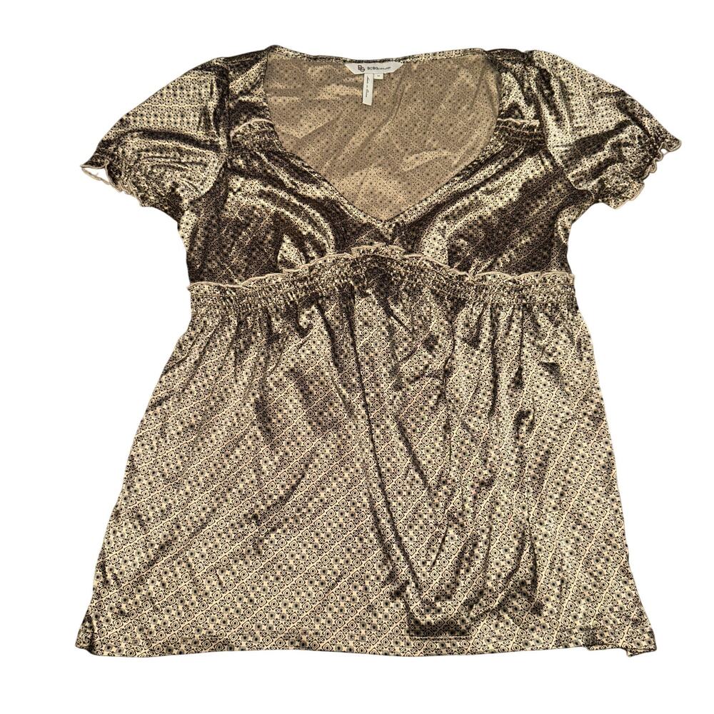 Y2K BCBGeneration Babydoll Top Women's Size M Brown Geometric V Neck Empire